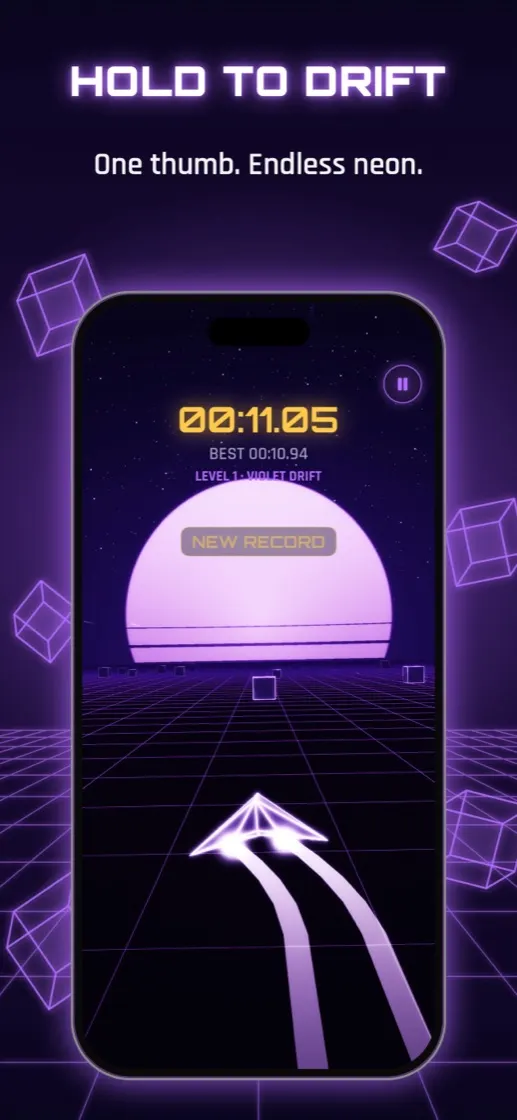Level 1, Violet Drift: hold to drift. One thumb, endless neon.